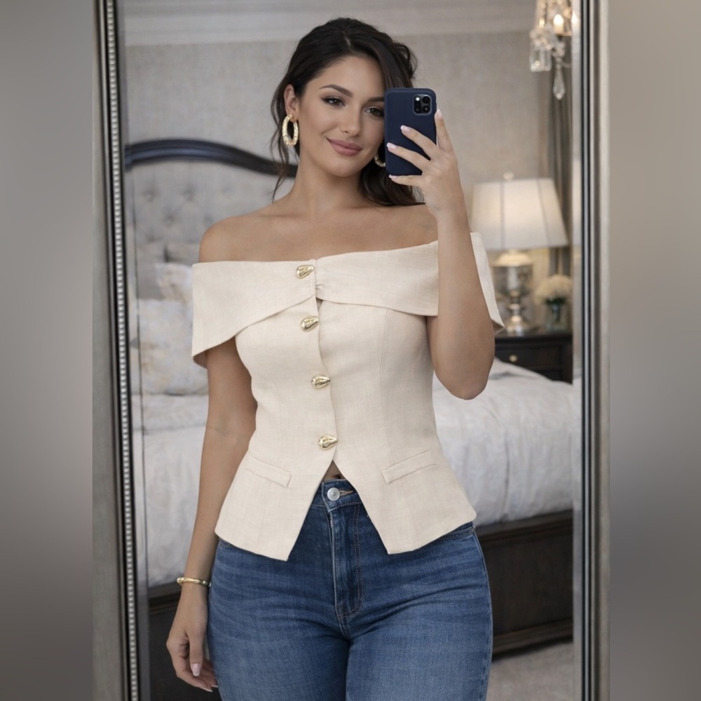 Beige Off Shoulder Button Front Structured top